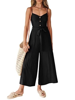 Women's Summer Spaghetti Straps V Neck Smocked Wide Leg Jumpsuits Rompers With Belt