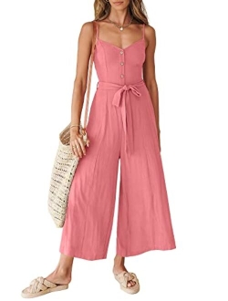 Women's Summer Spaghetti Straps V Neck Smocked Wide Leg Jumpsuits Rompers With Belt