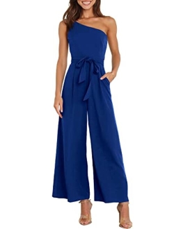 Caracilia Women's Summer Dressy One Shoulder Strap Tie Waist Zipper Back Wide Leg Jumpsuit Rompers with Pockets