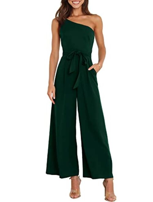 Caracilia Women's Summer Dressy One Shoulder Strap Tie Waist Zipper Back Wide Leg Jumpsuit Rompers with Pockets