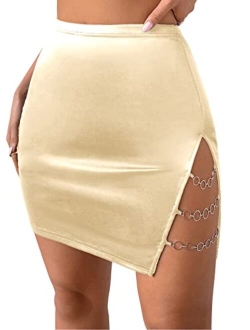 Women's High Waist Chain Solid Slit Hem Satin Pencil Bodycon Mini Skirt