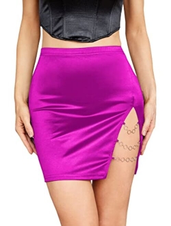 Women's High Waist Chain Solid Slit Hem Satin Pencil Bodycon Mini Skirt