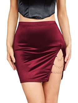 Women's High Waist Chain Solid Slit Hem Satin Pencil Bodycon Mini Skirt