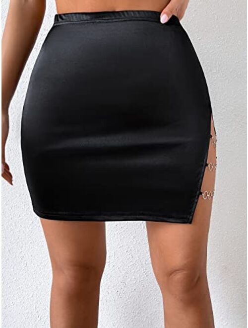 Verdusa Women's High Waist Chain Solid Slit Hem Satin Pencil Bodycon Mini Skirt