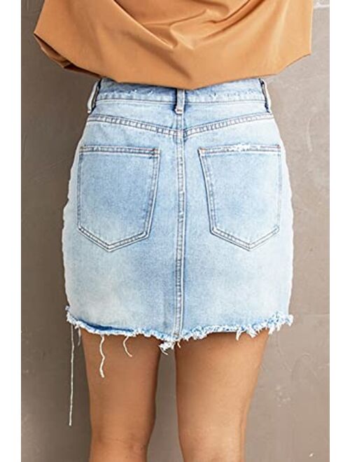 LEMAFER Women's Sky Blue Fading Frayed Hem Denim Skirt Casual Short Skirts for Ripped