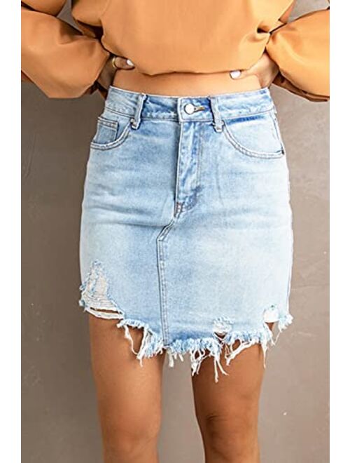 LEMAFER Women's Sky Blue Fading Frayed Hem Denim Skirt Casual Short Skirts for Ripped