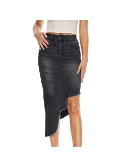 VIPONES Denim Skirt Women Shorts Jean Raw Hem Frayed Stretch Ripped Mid Waist Casual Mini Skirts