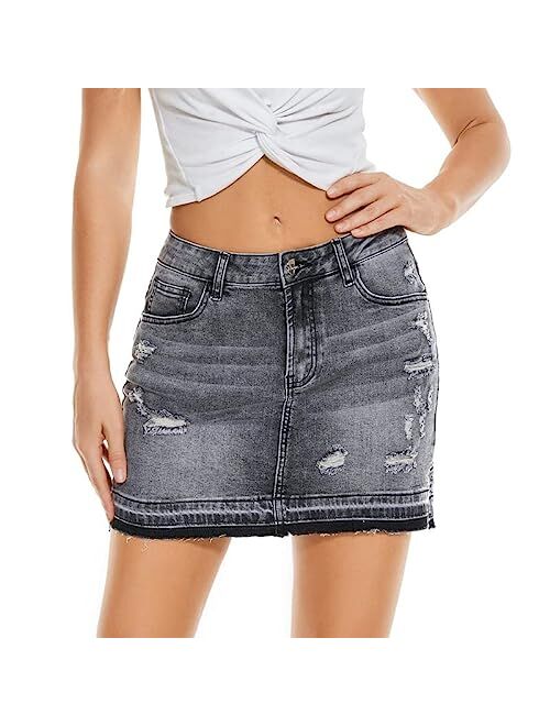 VIPONES Denim Skirt Women Shorts Jean Raw Hem Frayed Stretch Ripped Mid Waist Casual Mini Skirts