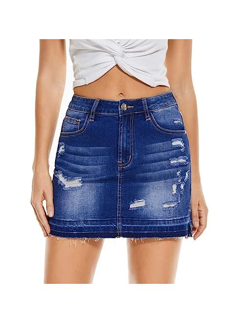 VIPONES Denim Skirt Women Shorts Jean Raw Hem Frayed Stretch Ripped Mid Waist Casual Mini Skirts