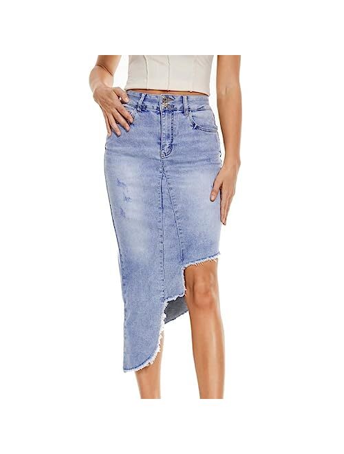 VIPONES Denim Skirt Women Shorts Jean Raw Hem Frayed Stretch Ripped Mid Waist Casual Mini Skirts