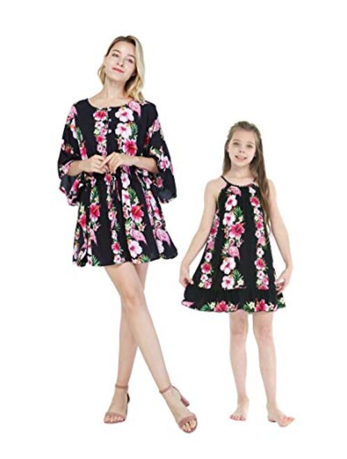 Hawaii Hangover Matching Hawaiian Luau Mother Daughter Poncho Round Neck Dress in Pink Black Hibiscus Vine