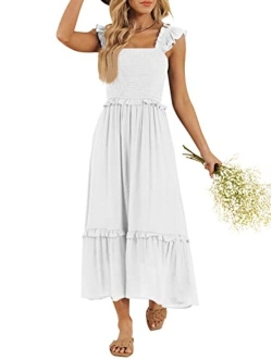 LILLUSORY Womens Midi Dresses 2023 Summer Smocked Sleeveless Flowy Long Maxi Dress