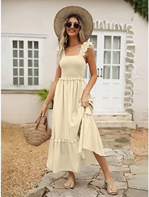 LILLUSORY Womens Midi Dresses 2023 Summer Smocked Sleeveless Flowy Long Maxi Dress