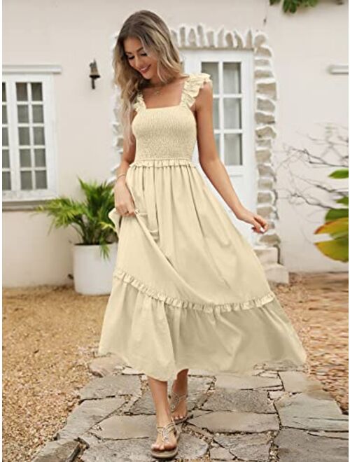 LILLUSORY Womens Midi Dresses 2023 Summer Smocked Sleeveless Flowy Long Maxi Dress