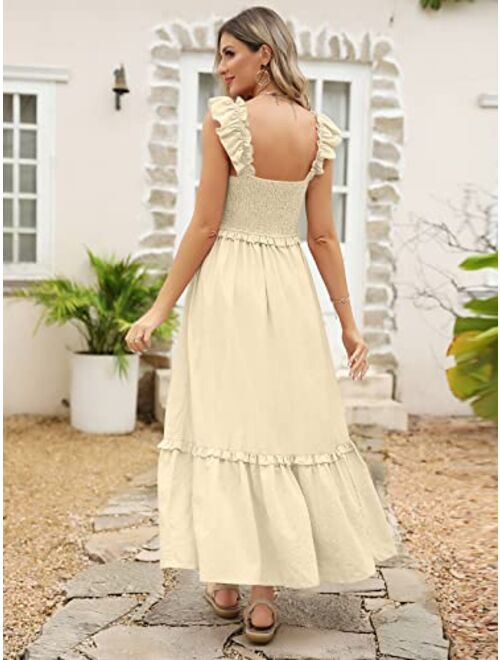 LILLUSORY Womens Midi Dresses 2023 Summer Smocked Sleeveless Flowy Long Maxi Dress