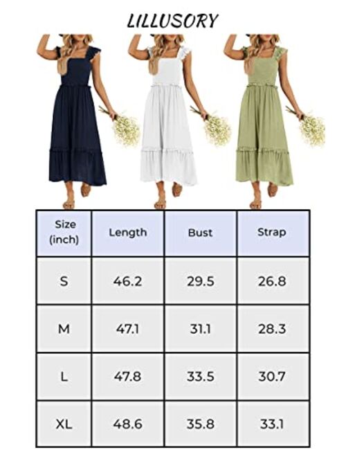 LILLUSORY Womens Midi Dresses 2023 Summer Smocked Sleeveless Flowy Long Maxi Dress