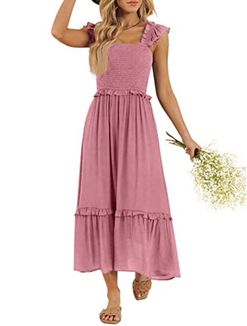 LILLUSORY Womens Midi Dresses 2023 Summer Smocked Sleeveless Flowy Long Maxi Dress