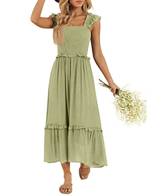 LILLUSORY Womens Midi Dresses 2023 Summer Smocked Sleeveless Flowy Long Maxi Dress