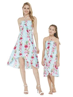 Hawaii Hangover Matching Hawaiian Luau Mother Daughter Halter Dress in Hibiscus Blue