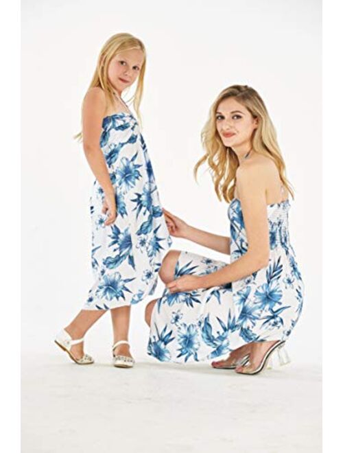 Hawaii Hangover Matching Hawaiian Luau Mother Daughter Halter Dress in Hibiscus Blue