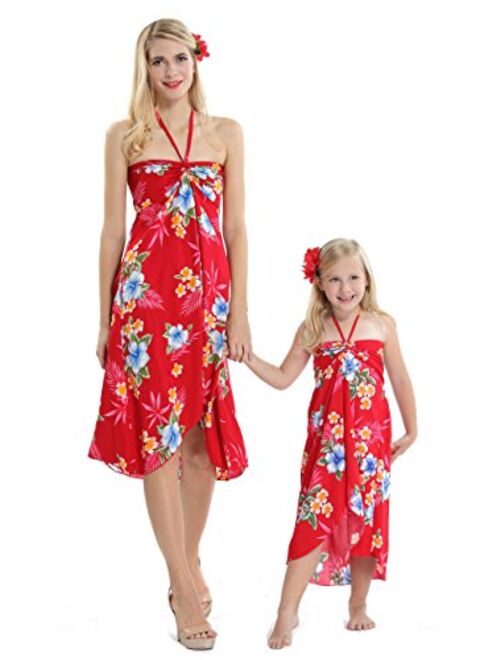 Hawaii Hangover Matching Hawaiian Luau Mother Daughter Halter Dress in Hibiscus Blue