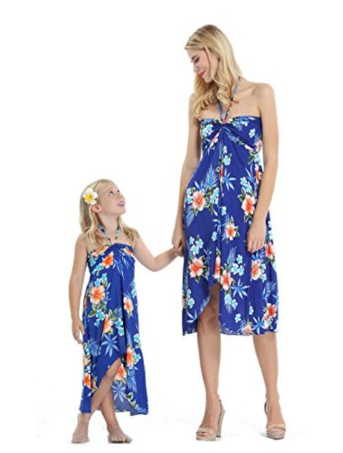 Hawaii Hangover Matching Hawaiian Luau Mother Daughter Halter Dress in Hibiscus Blue