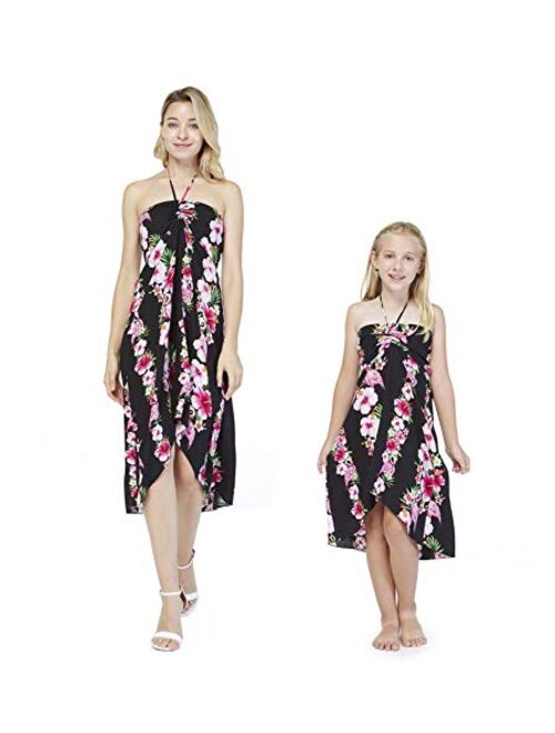 Hawaii Hangover Matching Hawaiian Luau Mother Daughter Halter Dress in Hibiscus Blue