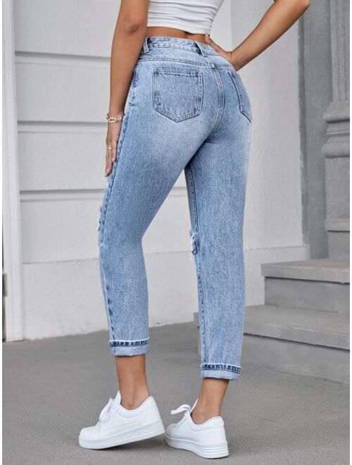 SHEIN Unity High Waist Ripped Tapered Jeans Without Belt