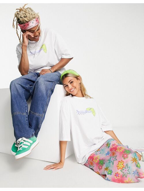 COLLUSION Unisex oversized T-shirt with neon print in white