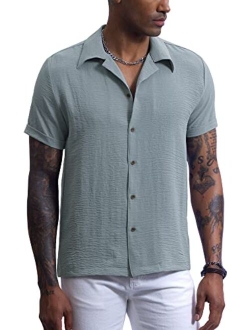 Arvilhill Men's Slim Fit Cuban Button Shirt Short Sleeve Guayabera Shirt Summer Beach Top