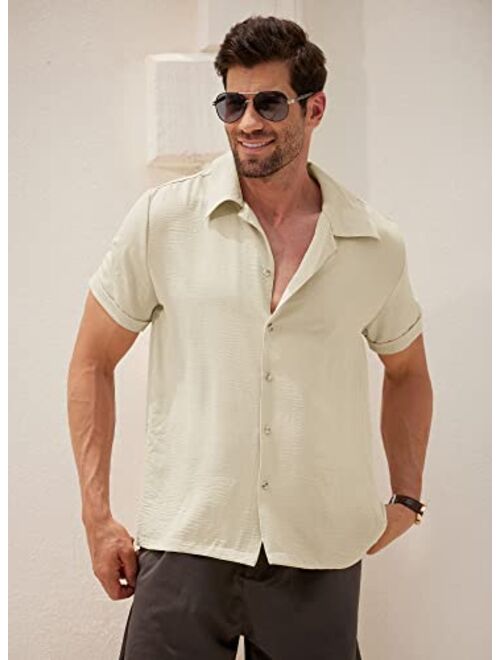 Arvilhill Men's Slim Fit Cuban Button Shirt Short Sleeve Guayabera Shirt Summer Beach Top