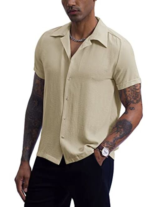 Arvilhill Men's Slim Fit Cuban Button Shirt Short Sleeve Guayabera Shirt Summer Beach Top