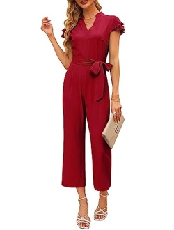 Sucolan Women's Ruffle Sleeve Jumpsuits Business Casual Jumpsuit Belted V Neck Overalls Cropped Pant One-Piece Outfits