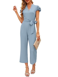 Sucolan Women's Ruffle Sleeve Jumpsuits Business Casual Jumpsuit Belted V Neck Overalls Cropped Pant One-Piece Outfits