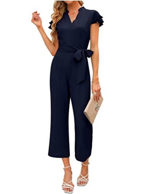 Sucolan Women's Ruffle Sleeve Jumpsuits Business Casual Jumpsuit Belted V Neck Overalls Cropped Pant One-Piece Outfits