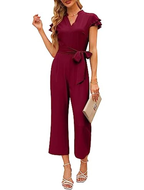 Sucolan Women's Ruffle Sleeve Jumpsuits Business Casual Jumpsuit Belted V Neck Overalls Cropped Pant One-Piece Outfits