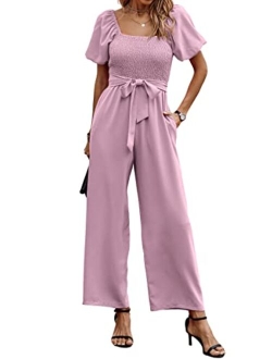 Angashion Women's Jumpsuits Square Neck Puff Short Sleeve Smocked Waist Wide Leg Outfit Rompers Playsuit With Belt Pockets