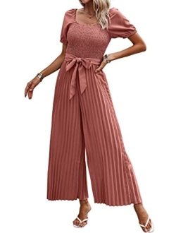 Angashion Women's Jumpsuits Square Neck Puff Short Sleeve Smocked Waist Wide Leg Outfit Rompers Playsuit With Belt Pockets