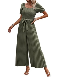 Angashion Women's Jumpsuits Square Neck Puff Short Sleeve Smocked Waist Wide Leg Outfit Rompers Playsuit With Belt Pockets