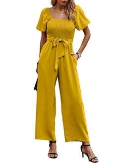 Angashion Women's Jumpsuits Square Neck Puff Short Sleeve Smocked Waist Wide Leg Outfit Rompers Playsuit With Belt Pockets