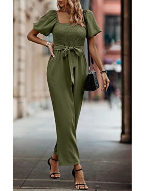 Angashion Women's Jumpsuits Square Neck Puff Short Sleeve Smocked Waist Wide Leg Outfit Rompers Playsuit With Belt Pockets