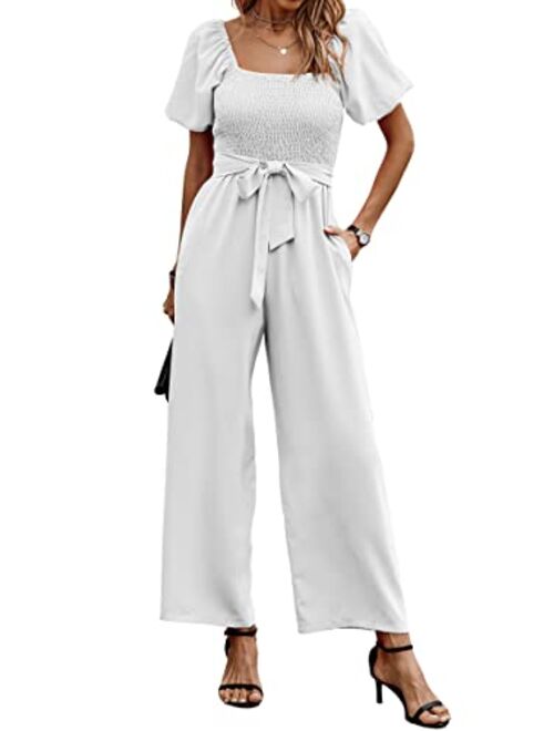 Angashion Women's Jumpsuits Square Neck Puff Short Sleeve Smocked Waist Wide Leg Outfit Rompers Playsuit With Belt Pockets