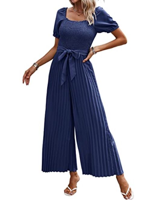 Angashion Women's Jumpsuits Square Neck Puff Short Sleeve Smocked Waist Wide Leg Outfit Rompers Playsuit With Belt Pockets