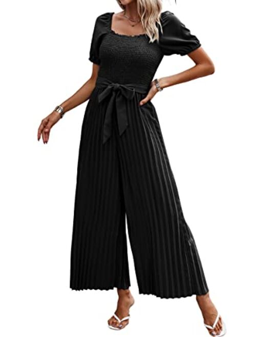 Angashion Women's Jumpsuits Square Neck Puff Short Sleeve Smocked Waist Wide Leg Outfit Rompers Playsuit With Belt Pockets