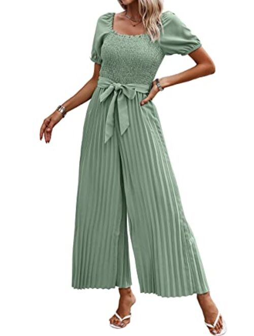 Angashion Women's Jumpsuits Square Neck Puff Short Sleeve Smocked Waist Wide Leg Outfit Rompers Playsuit With Belt Pockets