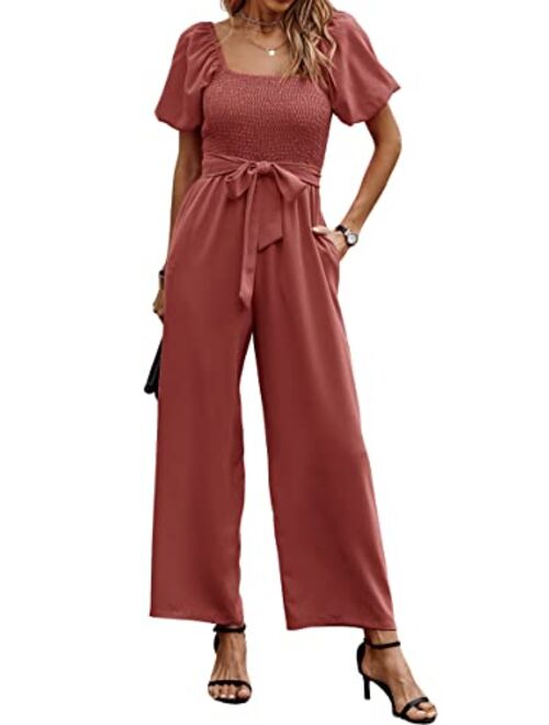 Angashion Women's Jumpsuits Square Neck Puff Short Sleeve Smocked Waist Wide Leg Outfit Rompers Playsuit With Belt Pockets