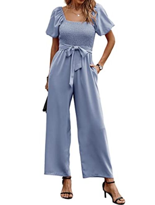 Angashion Women's Jumpsuits Square Neck Puff Short Sleeve Smocked Waist Wide Leg Outfit Rompers Playsuit With Belt Pockets