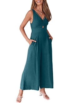 Caracilia Women's 2023 Summer Wide Leg Jumpsuits Adjustable Straps V Neck Cutout Linen Rompers with Pockets