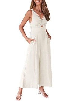 Caracilia Women's 2023 Summer Wide Leg Jumpsuits Adjustable Straps V Neck Cutout Linen Rompers with Pockets