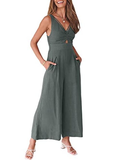 Caracilia Women's 2023 Summer Wide Leg Jumpsuits Adjustable Straps V Neck Cutout Linen Rompers with Pockets